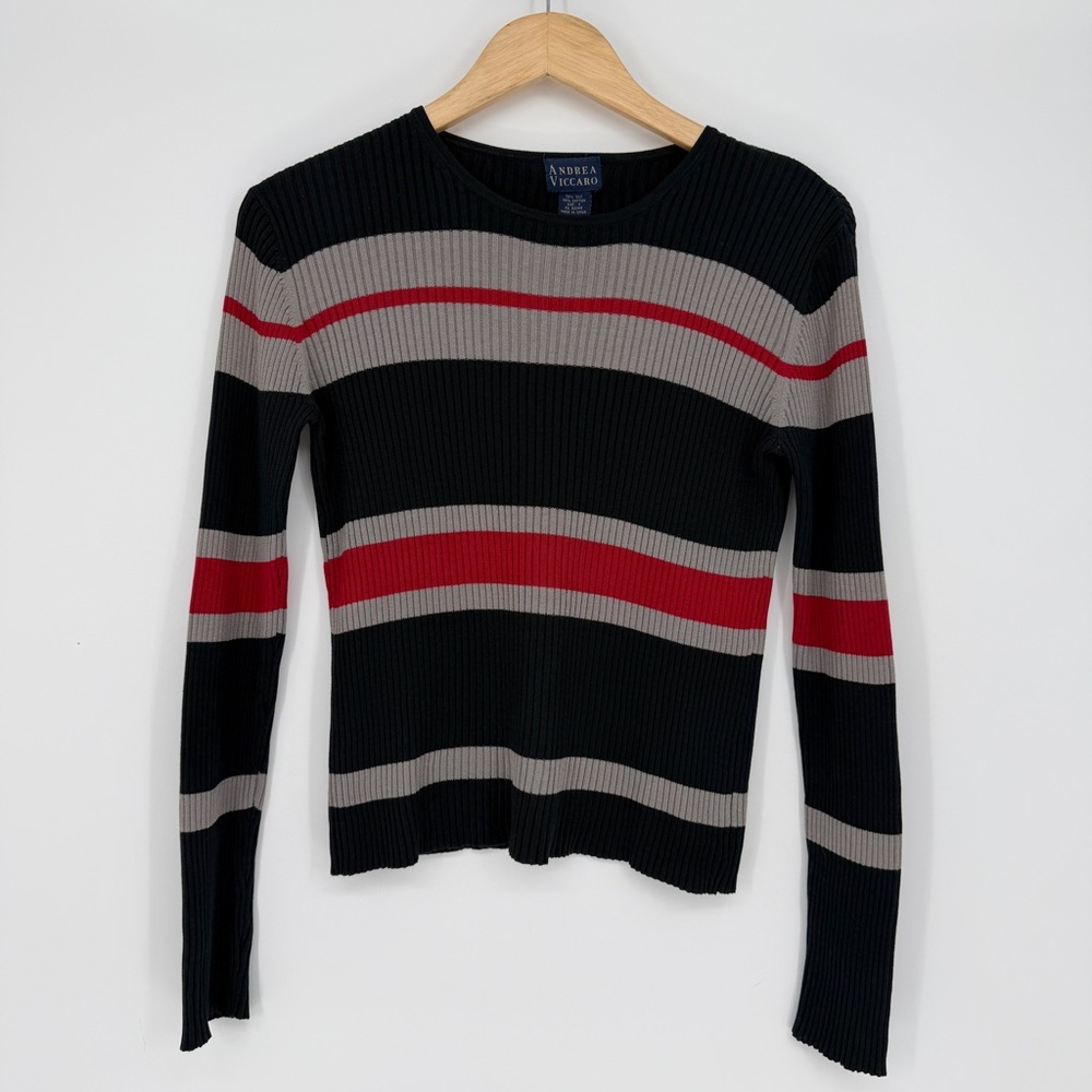 Andrea Viccaro Ribbed Striped Knit Sweater S Black 70%Silk/30%Cotton Office